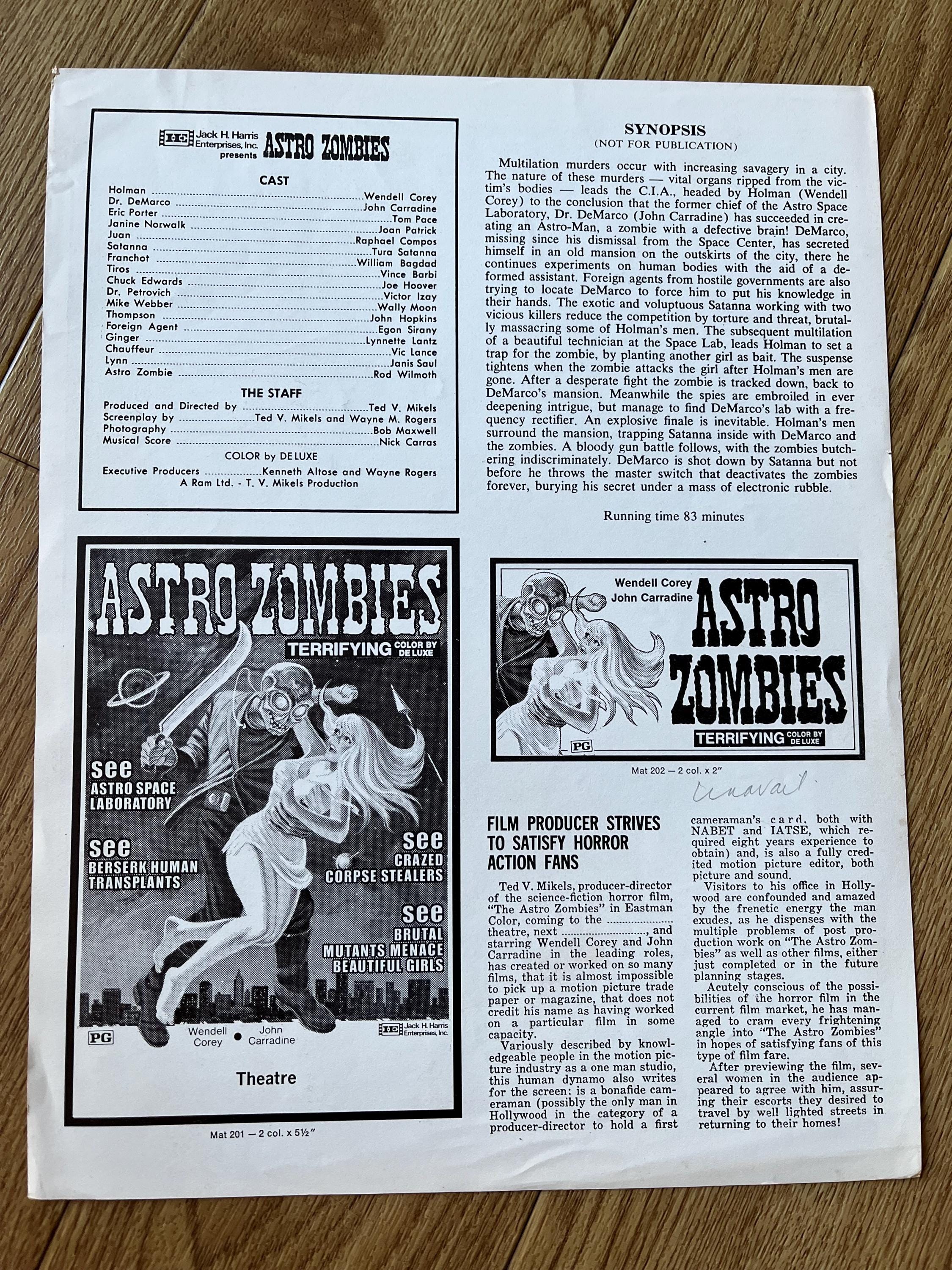 Astro Zombies 1968 Film Sales Sheet: Original Horror Memorabilia