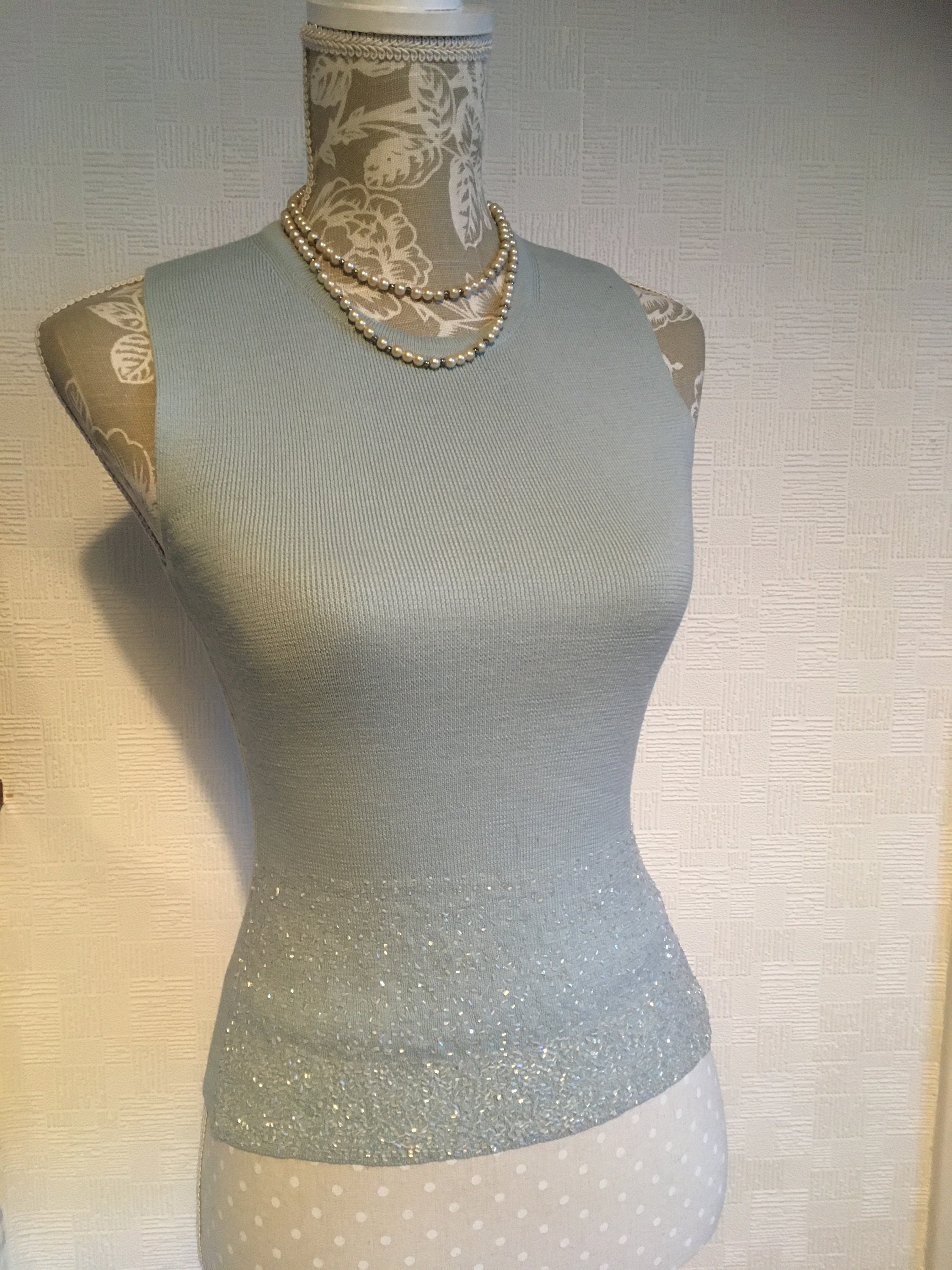 Image of Sleeveless Knitted Top For Women/Size S/Embellished With Clear Beads/Beaded Knit Top/Crew Neck Rib Cut Top/Slim-Fit Tank Top/Made in India