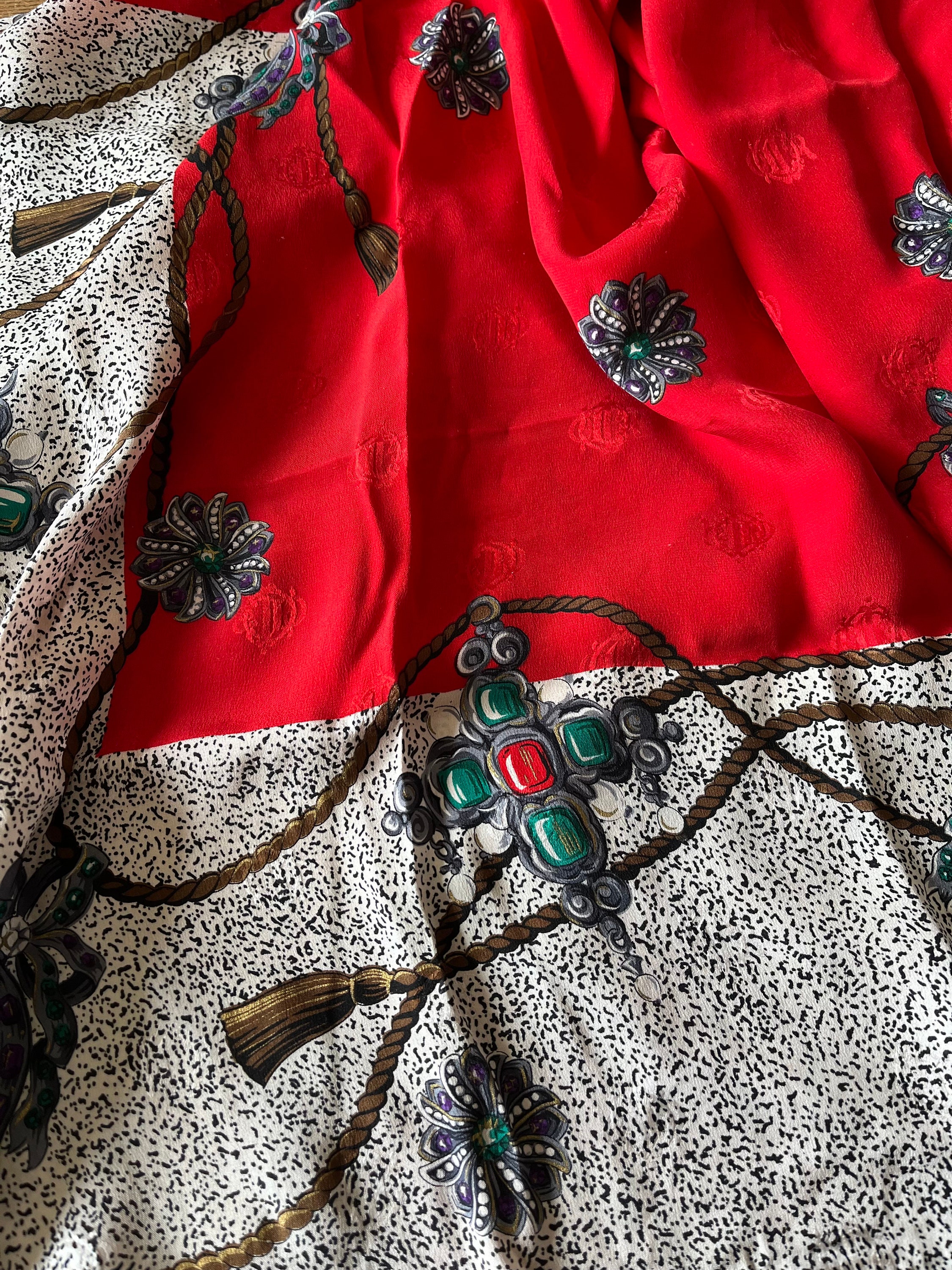 Christian Dior Silk Scarf: Large Square Scarf Red CD Print, Made
