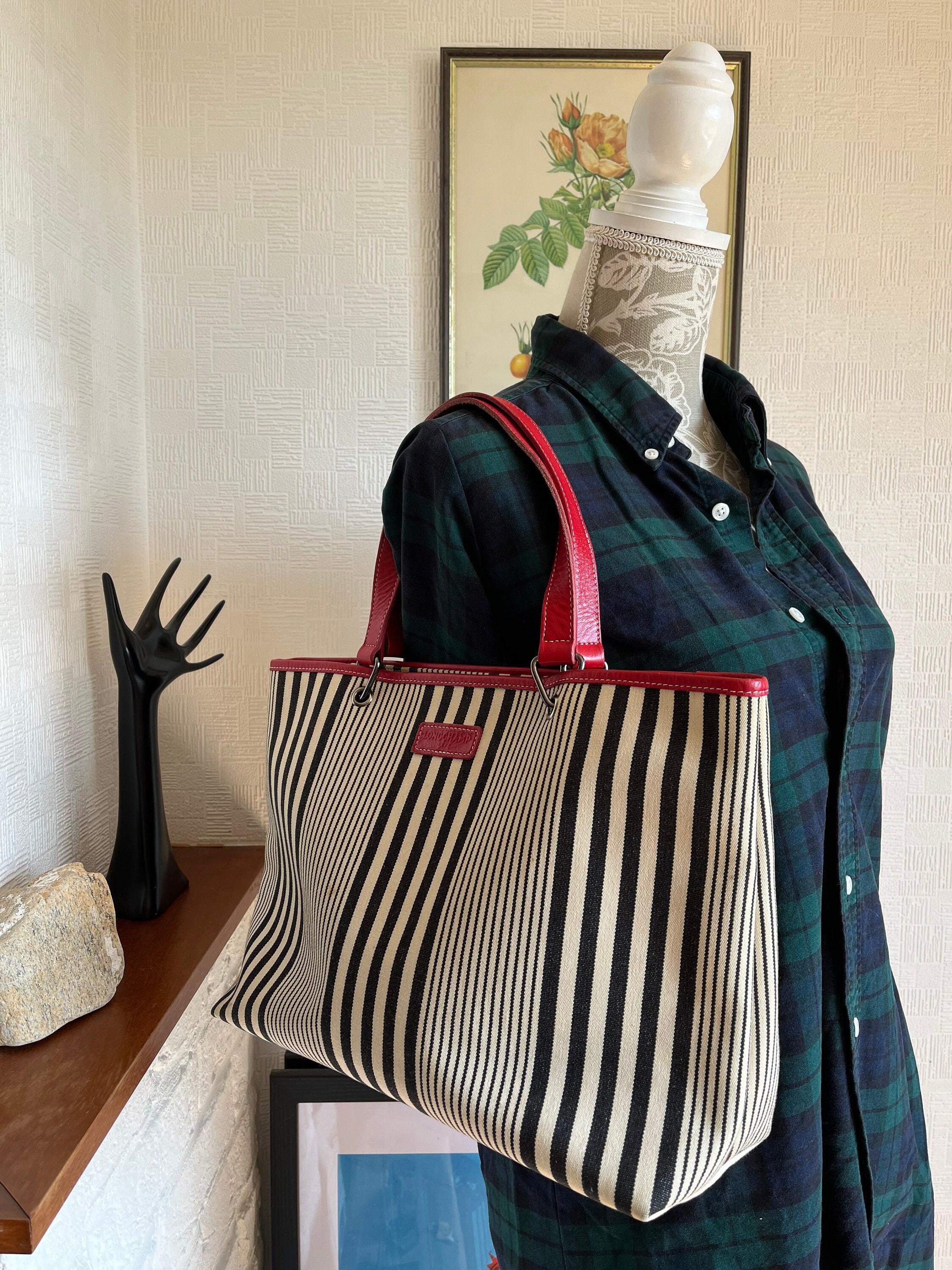 blue & white striped bag Outside & inside pockets Tassels Fabric Rope  Handles | eBay