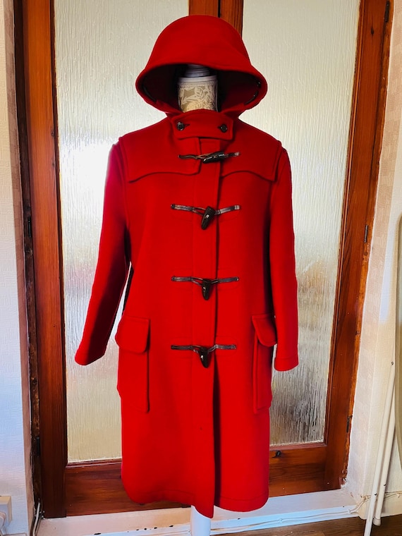 Vintage Duffle Coat: Red Wool Hooded Overcoat, Made in England