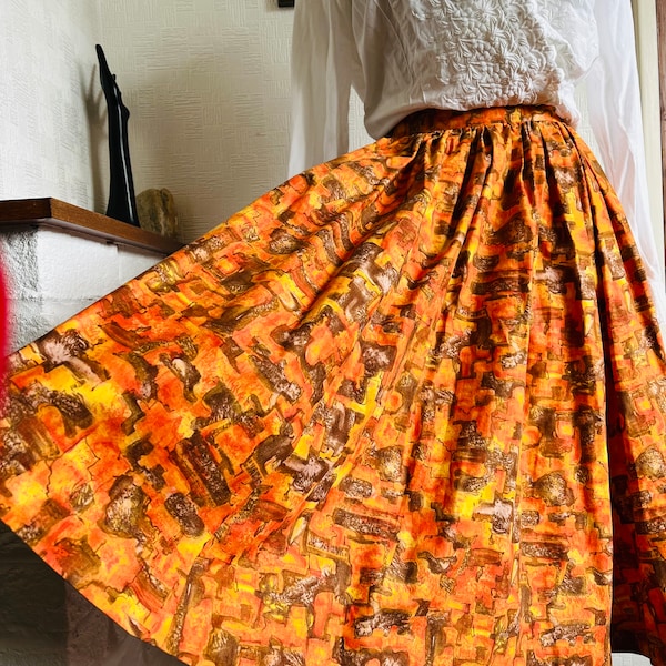 50’s-60's handmade cotton skirt/Abstract print/orange cotton gather skirt/1960's circle skirt/Summer skirt/Vintage skirt/handmade piece