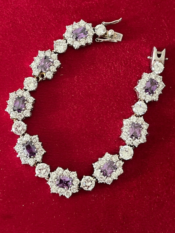 Vintage silver bracelet/Purple glass stone bracel… - image 1