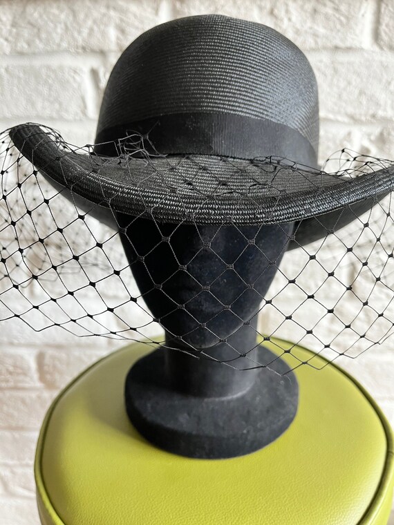 Black Straw Hat With Decorative Netting and Ribbon/80's Vintage