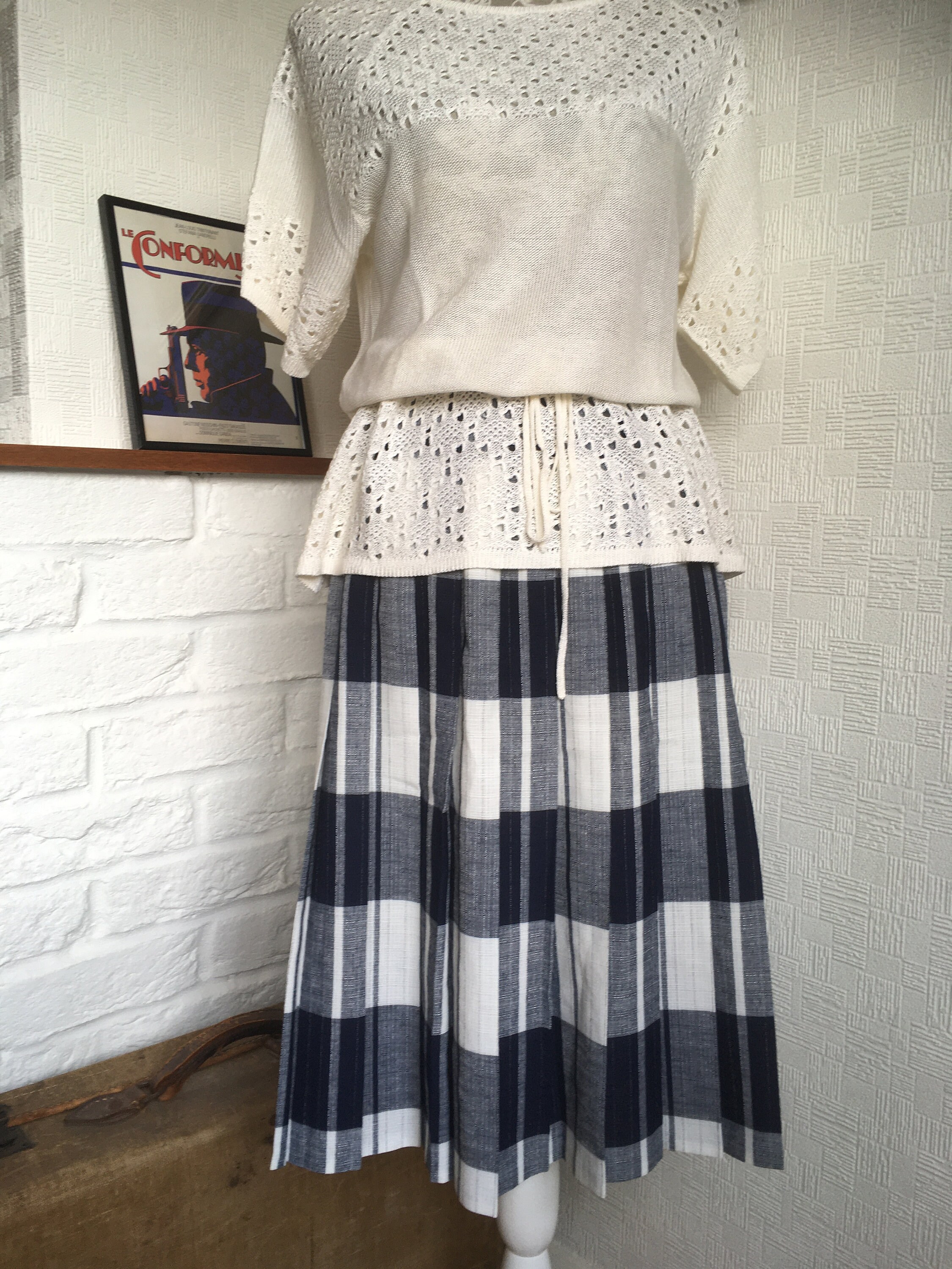 Image of Vintage Pleated Skirt/Vintage St Michael/Uk-/Summer Checked Skirts/Below The Knee Length Skirt/Navy Blue & White/English Vintage/S