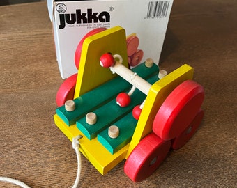 Vintage Jukka Wooden Xylophone Pull Toy Car - Finland, Boxed