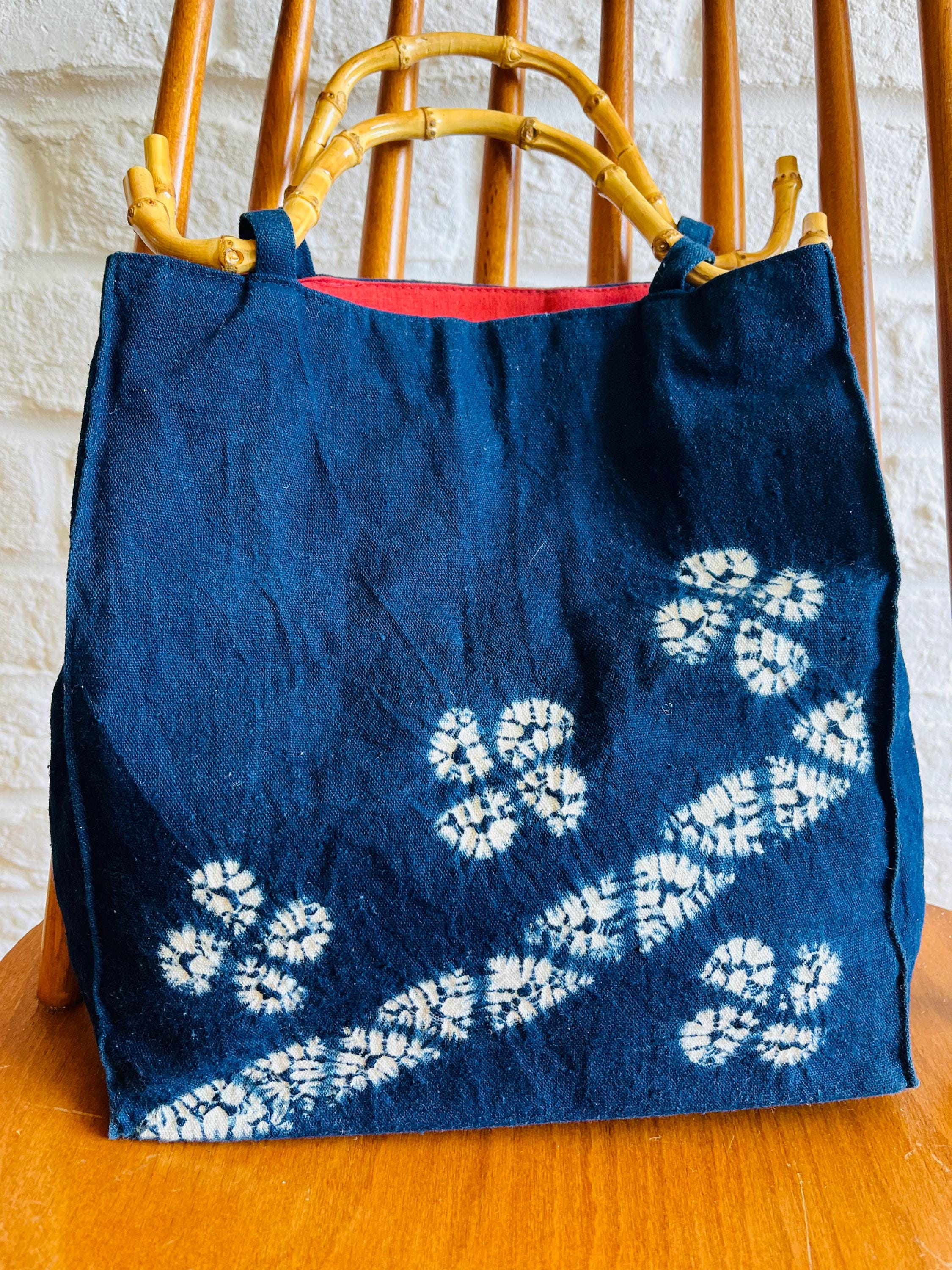 Japanese Indigo Shibori Tote Bag: Aizome Bamboo Handle Handbag - Etsy