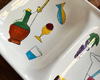 Retro Ceramic Divided Serving Dish: Mid-Century Wooden Handle Kitsch Tableware