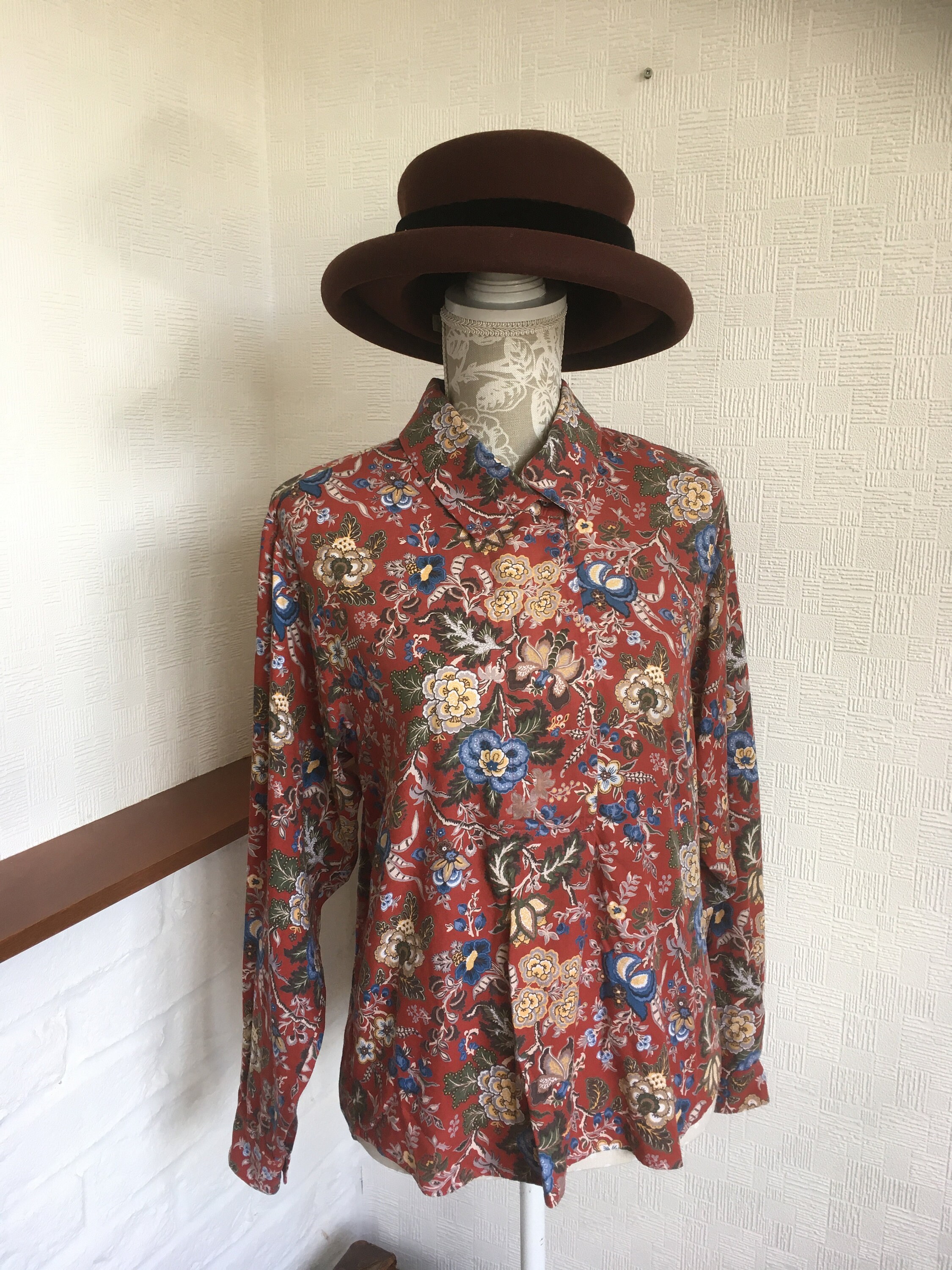 Image of Retro 's Blouse/Vintage Next/Autumn Shirt/Cotton Floral Shirt/Made in Gb/Autumn Colors/Asymmetry Design/Woman's Tops/Cotton Blouse/Size S