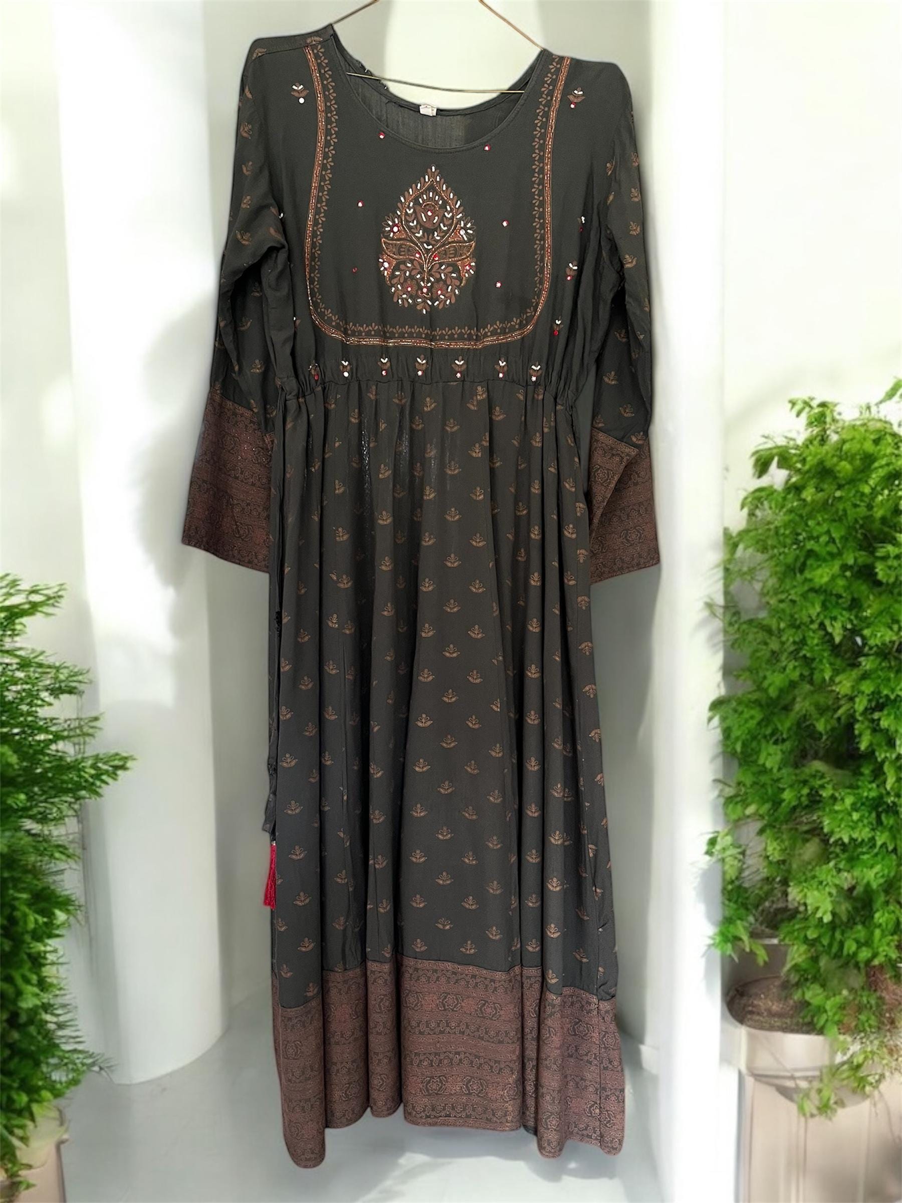 Vintage Ethnic dress/Ankle length East Asia dress/Smock dress/Beaded dress/Beaded Ethnic dress/Viscose dress/Loose fit dress/Asian dress
