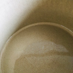 May include: A close-up view of the inside of a large, beige ceramic bowl. The bowl is empty and has a smooth, slightly textured surface.
