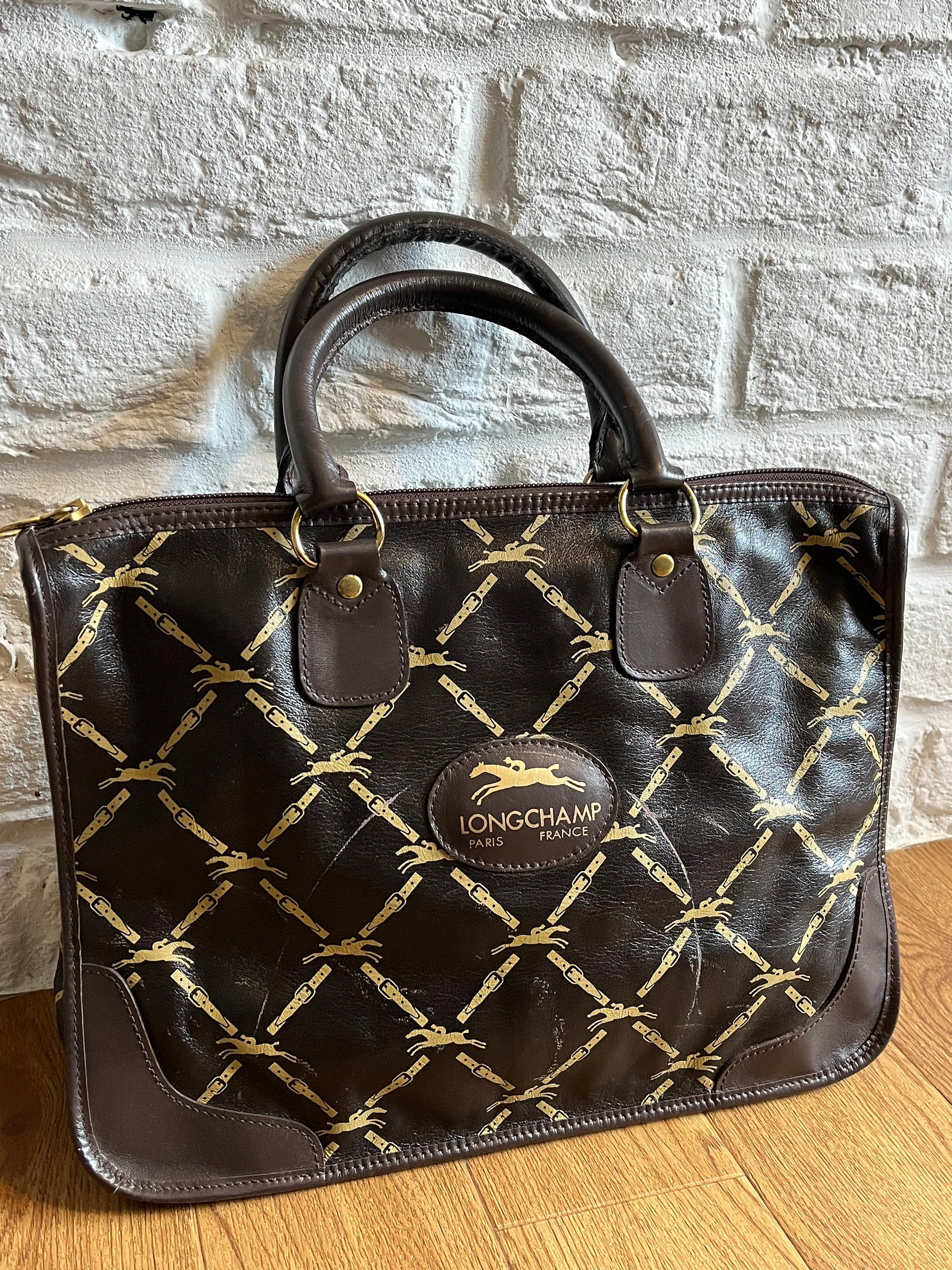 Vintage Longchamp Paris Leather Bag/top Handle Handbag/dark 