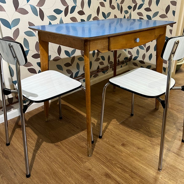 Collection Only: Pair of Mid-century Formica chrome kitchen chairs/Pale grey and white/Vintage kitchen chairs/1960's Formica chairs/Retro
