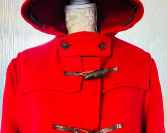 Vintage Duffle Coat: Red Wool Hooded Overcoat, Made in England