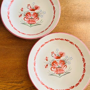 Vintage St Clement France Chanticleer Rooster Plates Set of 2 - Dessert Bowl 1960s Hand Painted - Made in France
