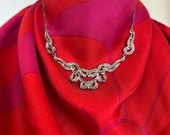 Vintage Hollywood Marcasite Necklace: Silver Tone Art Deco Jewelry
