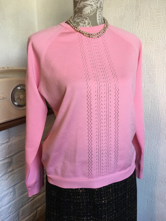 70s Polyester top/pink knitted top/crew neck pullo