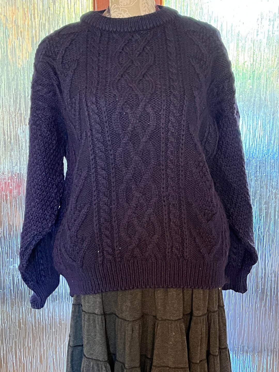 Vintage Wool Sweater British Pure New Wool/navy Blue Handknitted Cable