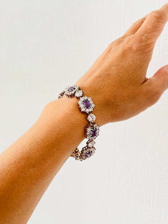 Vintage silver bracelet/Purple glass stone bracel… - image 2
