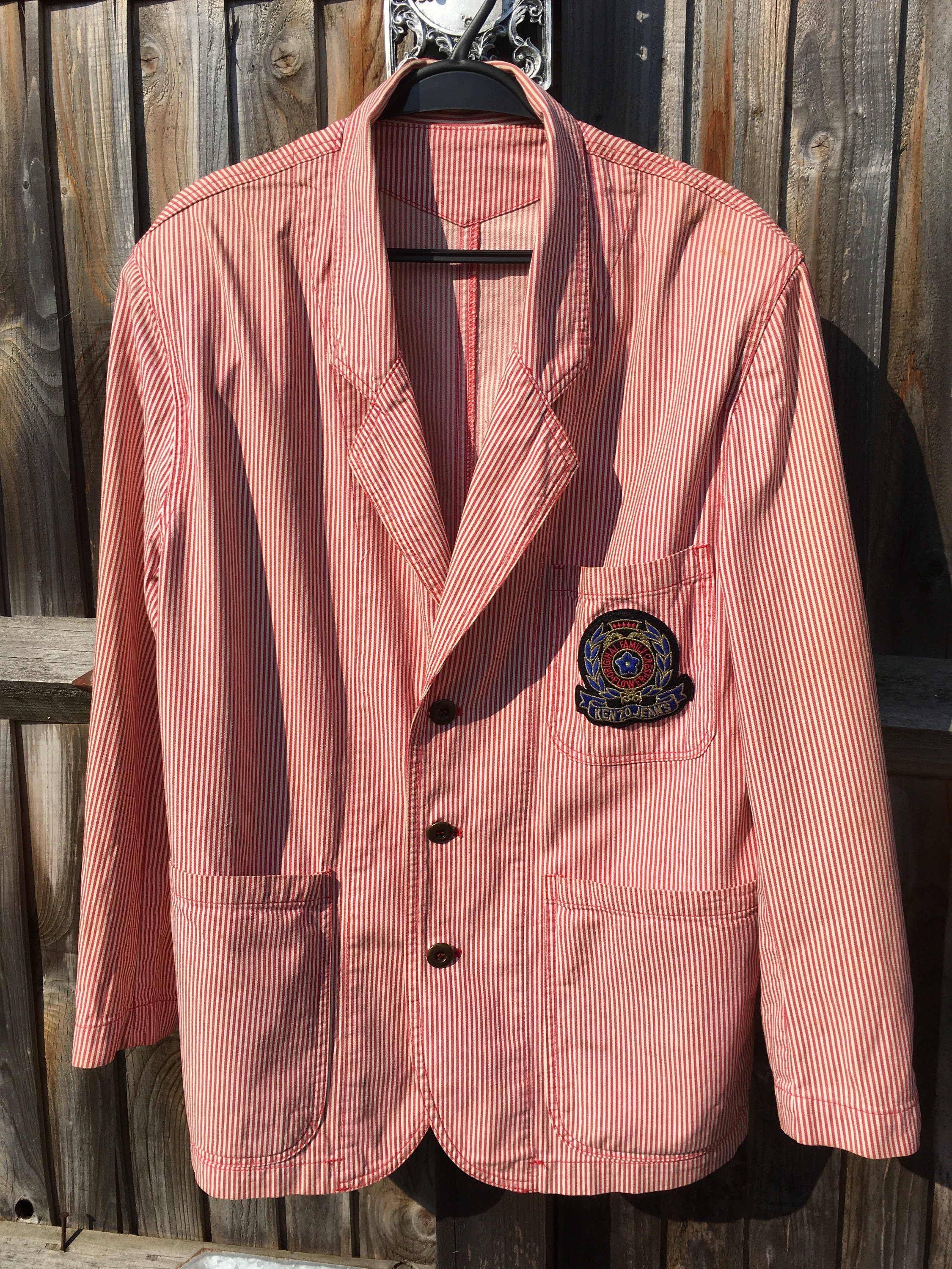 Image of Kenzo Jeans Mens's Cotton Jacket/Spring Summer Jacket/80's Fashion/Vintage Kenzo Jeans/Red Stripe Jacket/Size M/Casual Jacket/Preppy Style