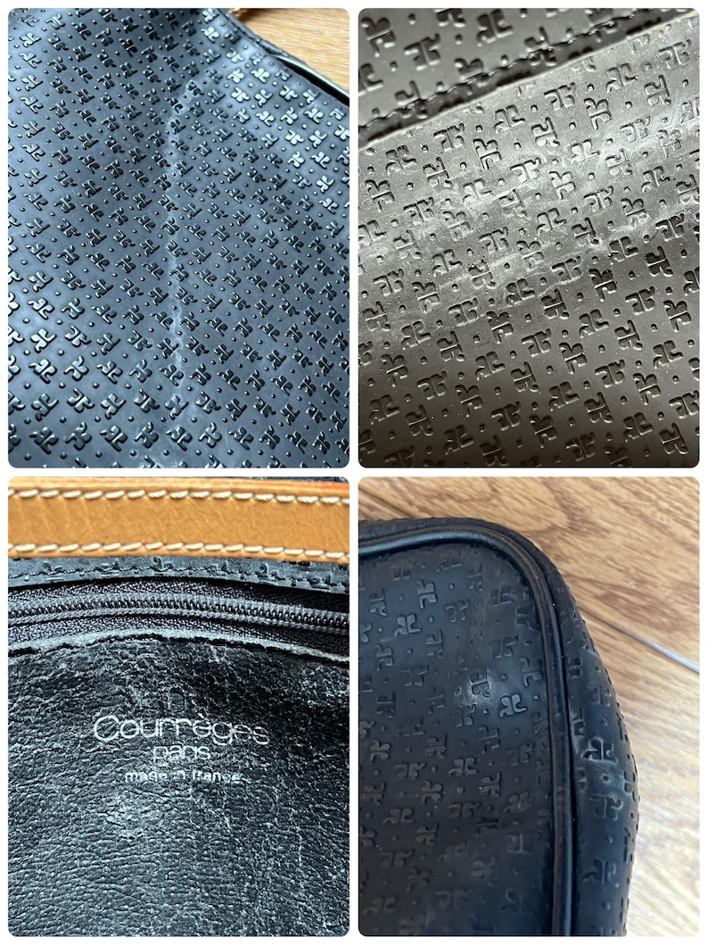 May include: Black leather handbag with embossed logo pattern. The bag features a zipper closure and a tan leather trim. The interior is black leather with the brand name "Courr&egrave;ges Paris made in France" printed on it.