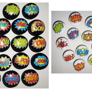 May include: Twenty-four round black and white ceramic knobs with colourful comic book sound effects like "POW!" "BAM!" "ZAP!" and "BOOM!"