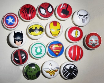 SUPER HEROES 25 Character Designs Childs Gift Hand Painted White Wooden Door Drawer Knobs  Decoupage Decorated Design UK Seller