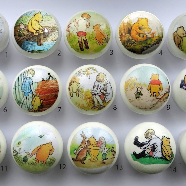 Winnie the Pooh! Classic Designs White Hand Painted Decorated Decoupaged Wooden Drawer Door Knob Pull Child Gift Idea! UK seller