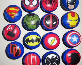 SUPER HEROES 25 Character Designs Childs Gift Hand Painted White Wooden Door Drawer Knobs  Decoupage Decorated Design UK Seller