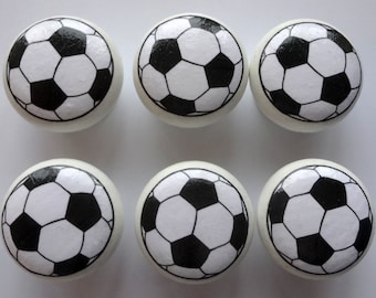 FOOTBALL Hand Painted White Wooden Door Drawer Knob Pulls with Decorated Decoupage Football Design Sports Childs Gift UK Seller