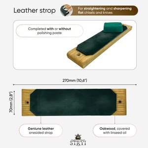 May include: A leather strop for sharpening flat chisels and knives. The strop is made of genuine leather and is mounted on a wooden base. The base is made of oakwood and is covered with linseed oil. The strop is 10.6 inches long and 2.8 inches wide.