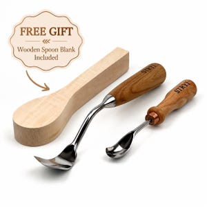 May include: Two wood carving tools with polished metal blades and light brown wooden handles branded with the text STRYI, accompanied by a light-colored, unfinished wooden spoon blank with a label reading FREE GIFT Wooden Spoon Blank Included.