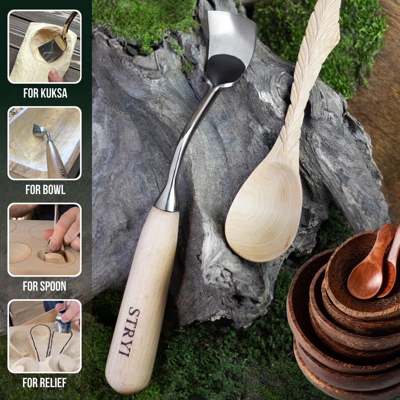 May include: A metal wood carving tool with a curved blade and a light-coloured wooden handle featuring the brand name STRYI. The image includes four smaller inset panels showing the tool being used for carving a kuksa, bowl, spoon, and relief.