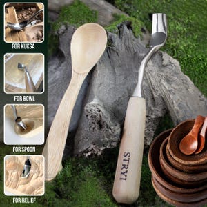 May include: A wood carving tool with a light-coloured wooden handle featuring the brand name STRYI, a curved metal blade, and a wooden spoon blank. The image includes four smaller inset photos showing the tool being used for kuksa, bowl, spoon, and relief carving.