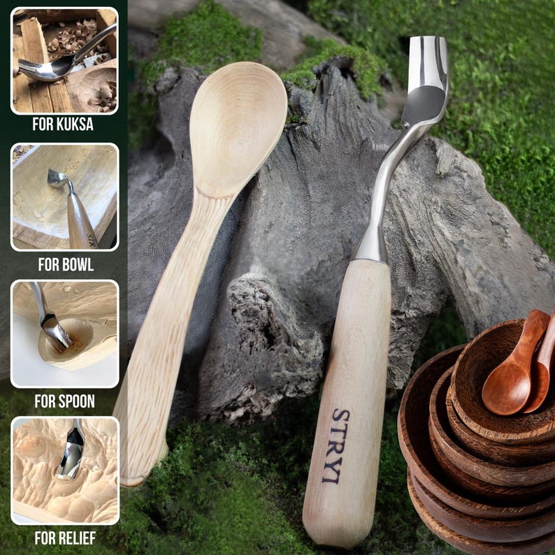 May include: A wood carving tool with a light-coloured wooden handle featuring the brand name STRYI, a curved metal blade, and a wooden spoon blank. The image includes four smaller inset photos showing the tool being used for kuksa, bowl, spoon, and relief carving.