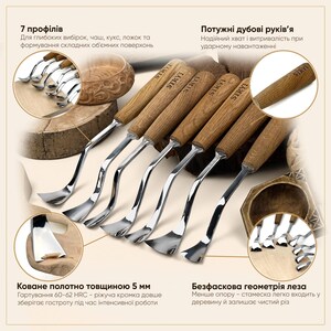 Peut inclure: Un ensemble de sept outils de sculpture sur bois avec des lames m&eacute;talliques incurv&eacute;es et des manches en bois clair marqu&eacute;s du texte STRYI. Les outils pr&eacute;sentent une lame forg&eacute;e de 5 mm d'&eacute;paisseur pour sculpter des bols et des cuill&egrave;res.