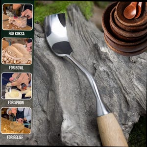 May include: A metal hook knife with a curved blade and a light-coloured wooden handle. The tool features a polished steel head designed for wood carving, shown in various applications including shaping a kuksa, bowl, spoon, and relief carving.