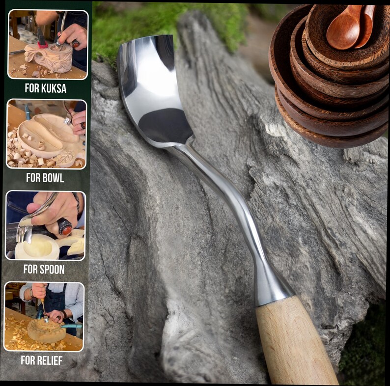 May include: A metal hook knife with a curved blade and a light-coloured wooden handle. The tool features a polished steel head designed for wood carving, shown in various applications including shaping a kuksa, bowl, spoon, and relief carving.