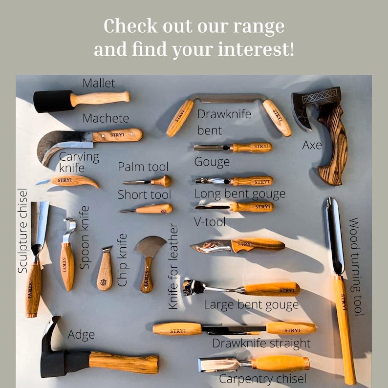 May include: A collection of 14 wood carving tools, including a mallet, machete, carving knife, palm tool, gouge, short tool, long bent gouge, v-tool, spoon knife, chip knife, knife for leather, adge, large bent gouge, drawknife straight, and carpentry chisel. The tools are arranged on a gray surface.