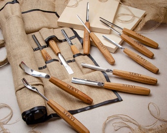 Wood Carving Tools Set, 12 Pcs Forged Steel Gouges and Chisels for Relief Carving, Professional Carving Kit with Canvas Roll
