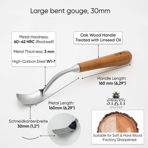 May include: A large 30mm bent gouge with a high-carbon steel W1-7 blade, 3mm thick, and a 160mm oak wood handle treated with linseed oil. The metal hardness is 60-62 HRC. The tool features a 160mm metal length and is factory sharpened for wood.