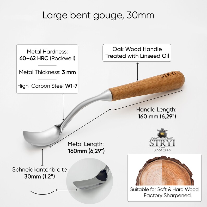 May include: A large 30mm bent gouge with a high-carbon steel W1-7 blade, 3mm thick, and a 160mm oak wood handle treated with linseed oil. The metal hardness is 60-62 HRC. The tool features a 160mm metal length and is factory sharpened for wood.