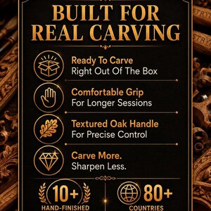 May include: A black informational sign with gold text reading BUILT FOR REAL CARVING. It lists features: Ready To Carve Right Out Of The Box, Comfortable Grip For Longer Sessions, Textured Oak Handle For Precise Control, and Carve More. Sharpen Less.