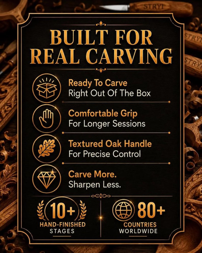 May include: A black informational sign with gold text reading BUILT FOR REAL CARVING. It lists features: Ready To Carve Right Out Of The Box, Comfortable Grip For Longer Sessions, Textured Oak Handle For Precise Control, and Carve More. Sharpen Less.