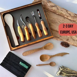 Spoon carving set of 5 tools, Personalized gift for Dad, Spoon carving kit, Steel hook knives & bent gouges set, Gift for dad, Spoon gouges