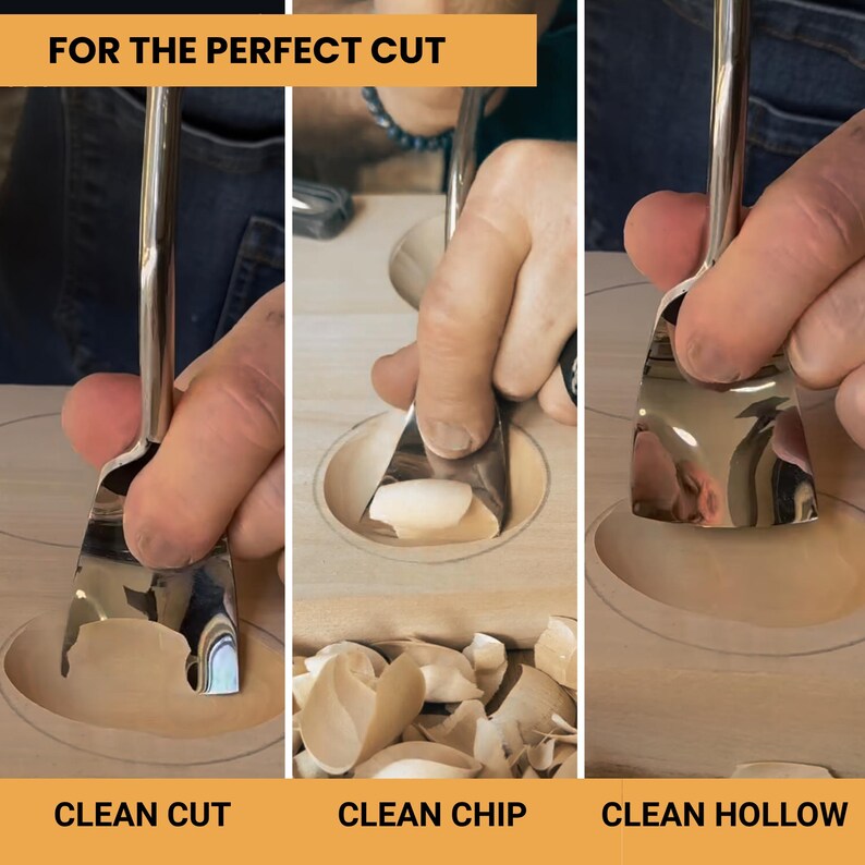 May include: A polished metal wood carving tool with a curved blade, shown in three stages of use on a light wood surface. The image includes the text FOR THE PERFECT CUT, CLEAN CUT, CLEAN CHIP, and CLEAN HOLLOW, demonstrating the tool's function.