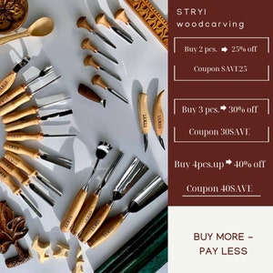 May include: A set of wood carving tools with wooden handles and metal blades. The tools are arranged on a white surface with a wooden background. The image includes text that says "STRYI woodcarving" and details about discounts for buying multiple tools.