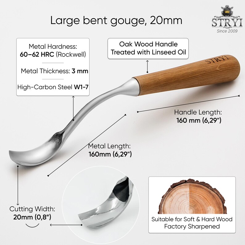 May include: A large bent gouge with a 20mm cutting width, featuring a high-carbon steel W1-7 blade with 60-62 HRC hardness and a 3mm thickness. The tool has a 160mm oak wood handle treated with linseed oil and a 160mm metal length, branded STRYI.
