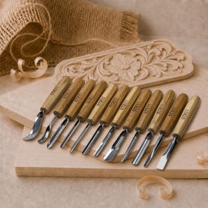 Könnte beinhalten: Ein Set aus zwölf Holzschnitzwerkzeugen mit hellbraunen Holzgriffen, die jeweils mit dem Text STRYI versehen sind. Die Werkzeuge verfügen über verschiedene Metallklingenformen, darunter Hohleisen, Meißel und V-förmige Werkzeuge.