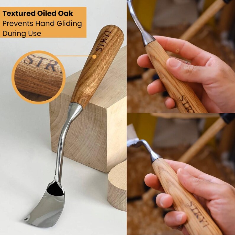 May include: A wood carving tool with a polished metal blade and a textured oiled oak handle. The handle features the brand name STRYI engraved into the wood. The tool is shown in multiple views, highlighting the grain of the wood and the metal neck.